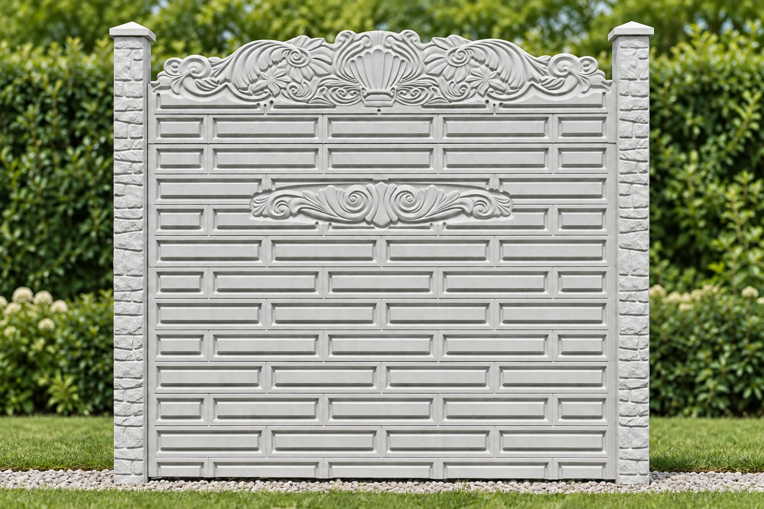 Gard din beton cu dreptunghiuri mici dispuse decalat și coronament ornamental cu scoică și frunze de acant