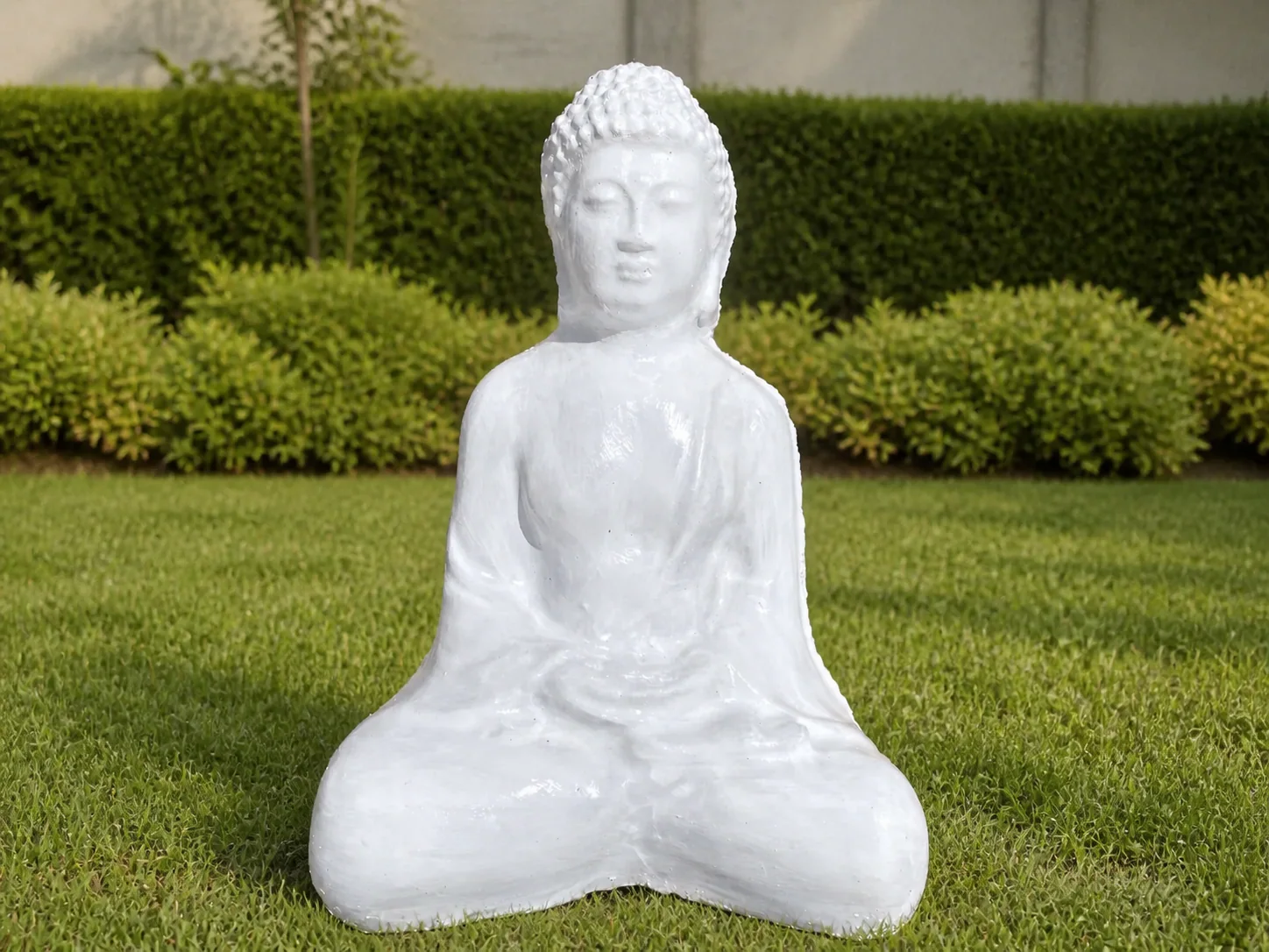 Statuie Buddha din beton alb, în poziție de meditație
