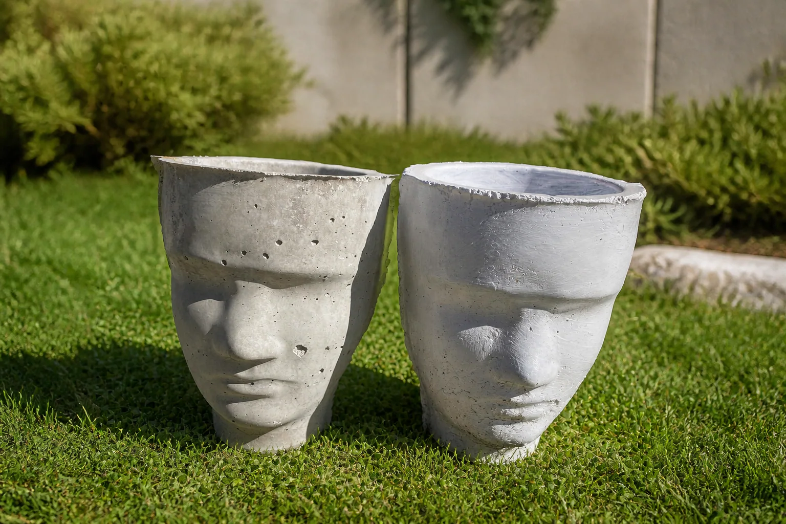 Două modele de ghivece din beton sculptate în formă de chip