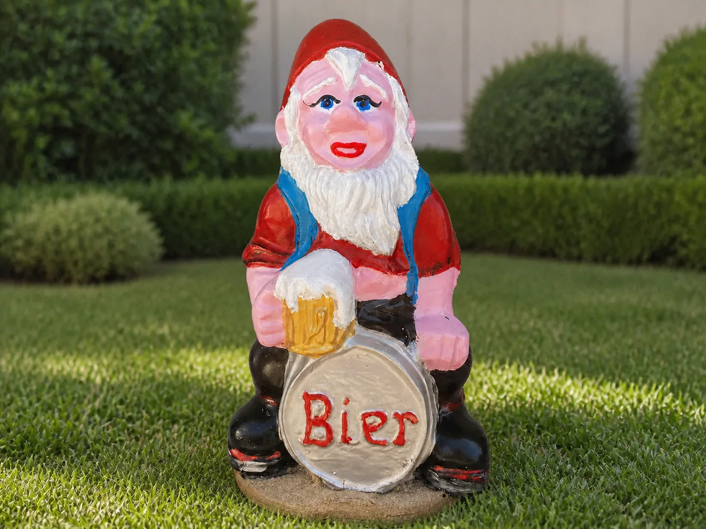 Pitic decorativ din beton pictat manual, ținând o halbă și o plăcuță cu textul Bier