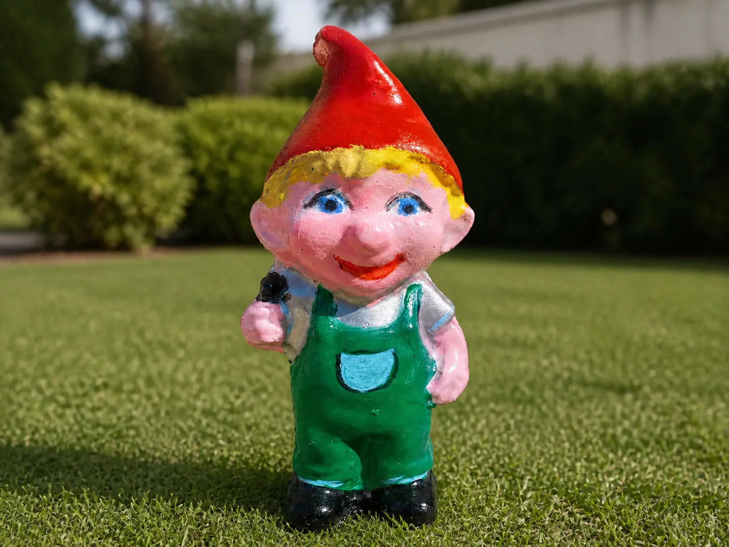 Pitic grădinar din beton pictat manual, cu căciulă roșie, păr blond și salopetă verde