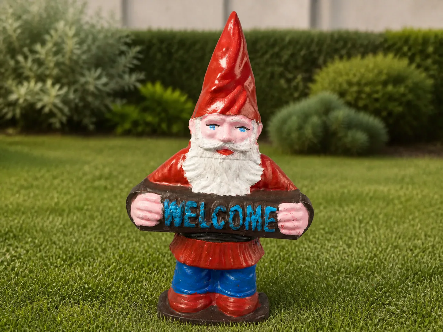 Pitic decorativ din beton pictat manual, cu căciulă roșie și plăcuță WELCOME